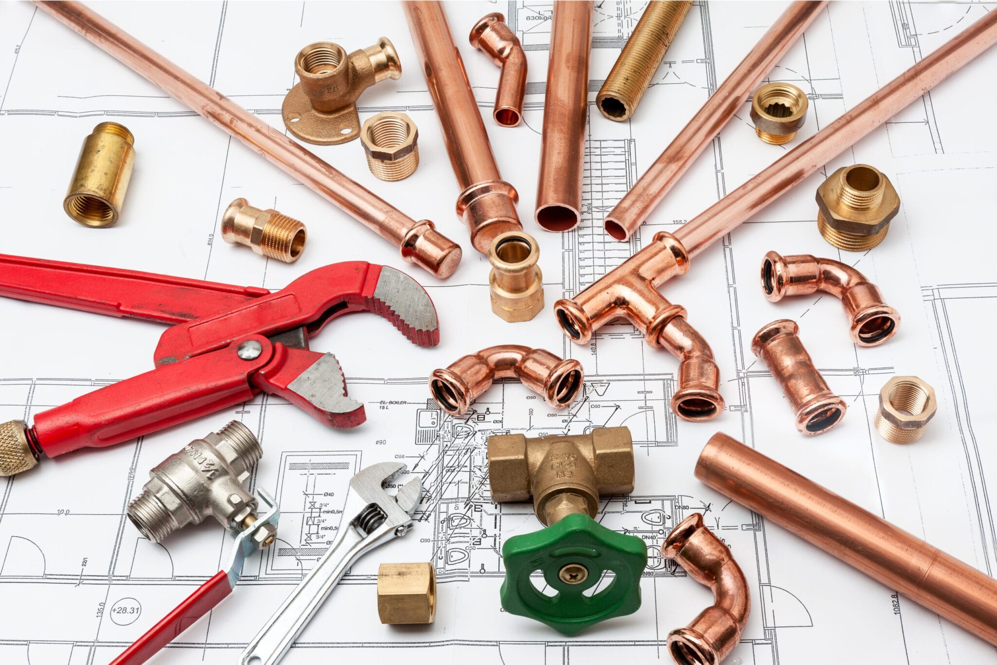 Copper pipes, fittings, valves, and plumbing tools in DeBary