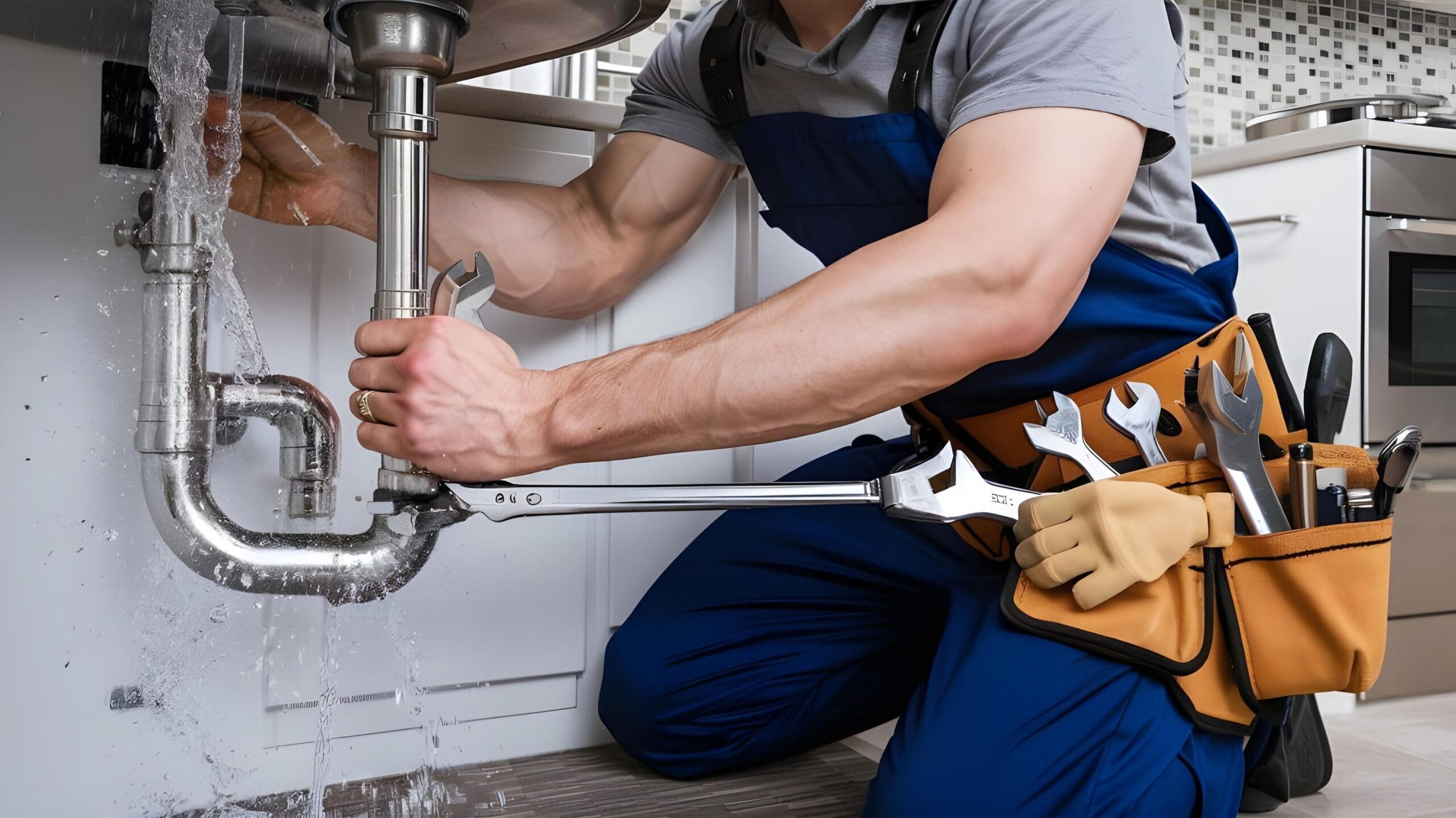 Plumber tightening a residential plumbing pipe in DeBary