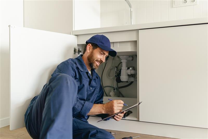 Residential plumber reviewing plumbing repairs in a DeBary kitchen