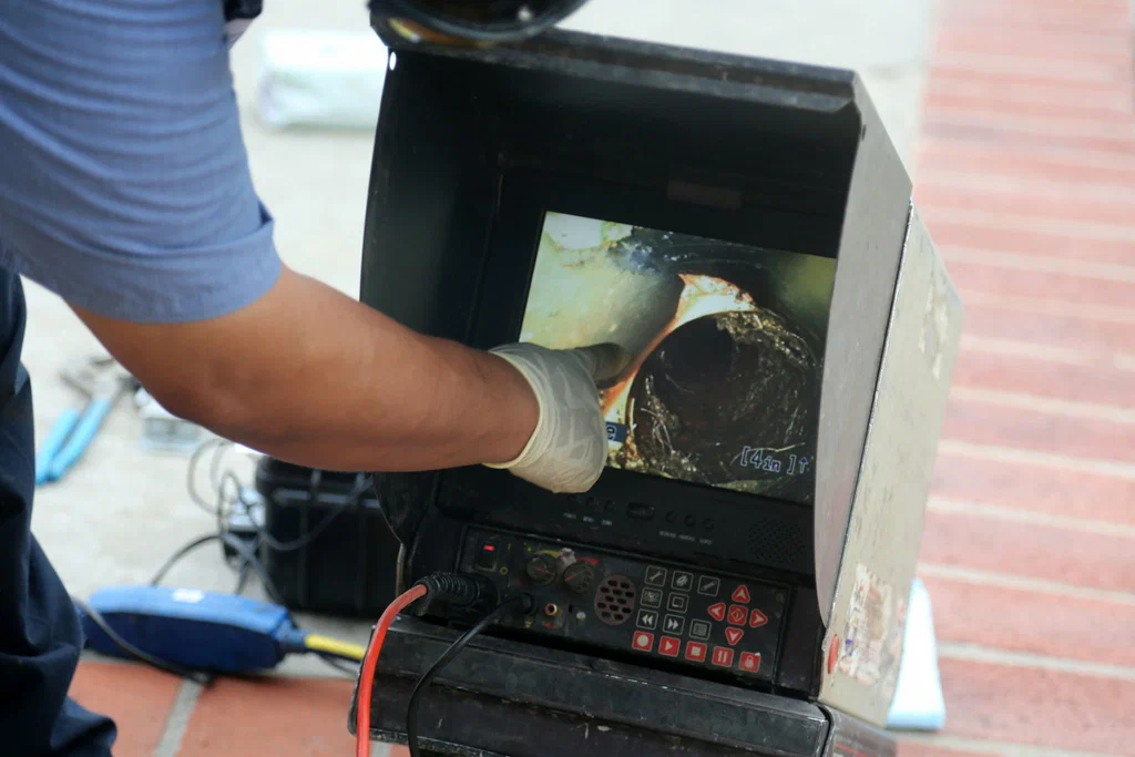 Technician viewing a drain inspection camera in DeBary