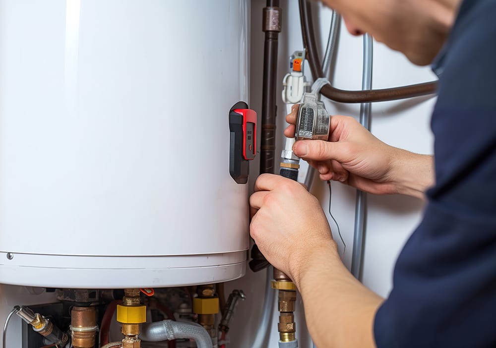 Technician repairing pipes connected to a water heater in DeBary